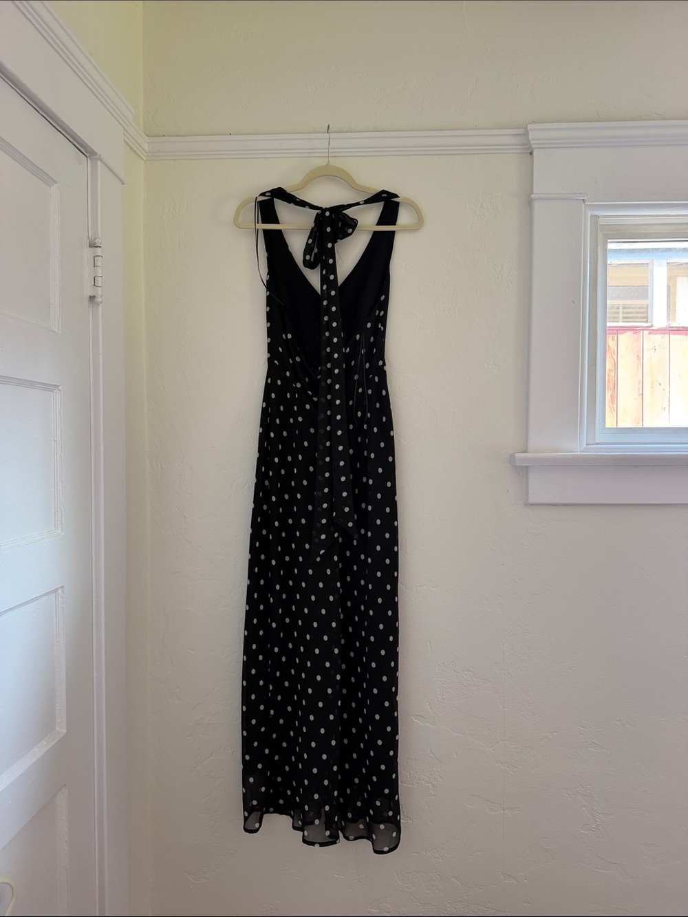 Polka Dot Black Maxi Dress with Tie Back - Picture 5 of 7